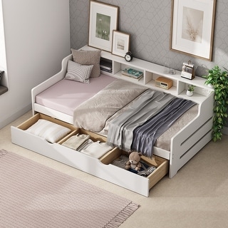 Twin Size Daybed Bed Frame with Trundle - White