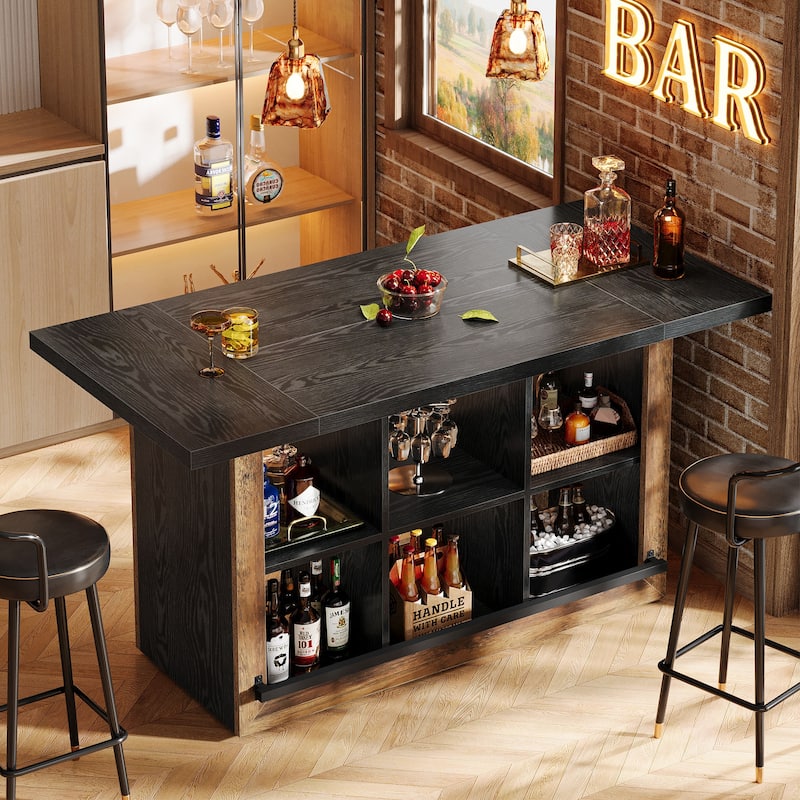 Counter Height Bar Table with Storage, Home Bar Cabinet Unit, Large Pub Table Kitchen Dining Room Accent Bar Console