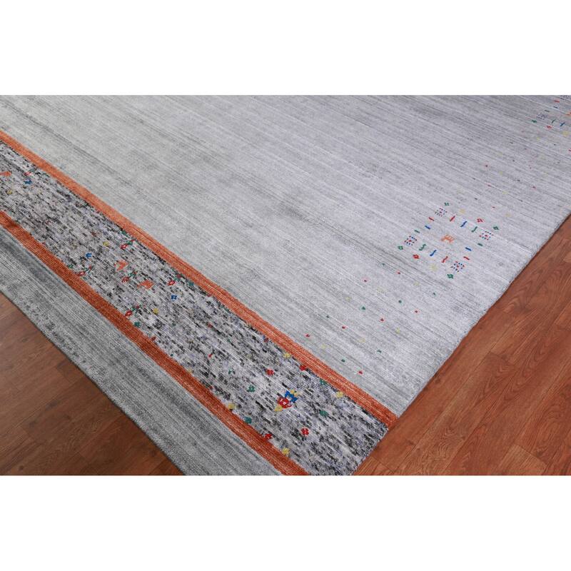 Hand Knotted Oriental Viscose Silk Carpet Tribal Stripe Greys & Charcoal Gabbeh Area Rug - 10' 0'' X 8' 4''