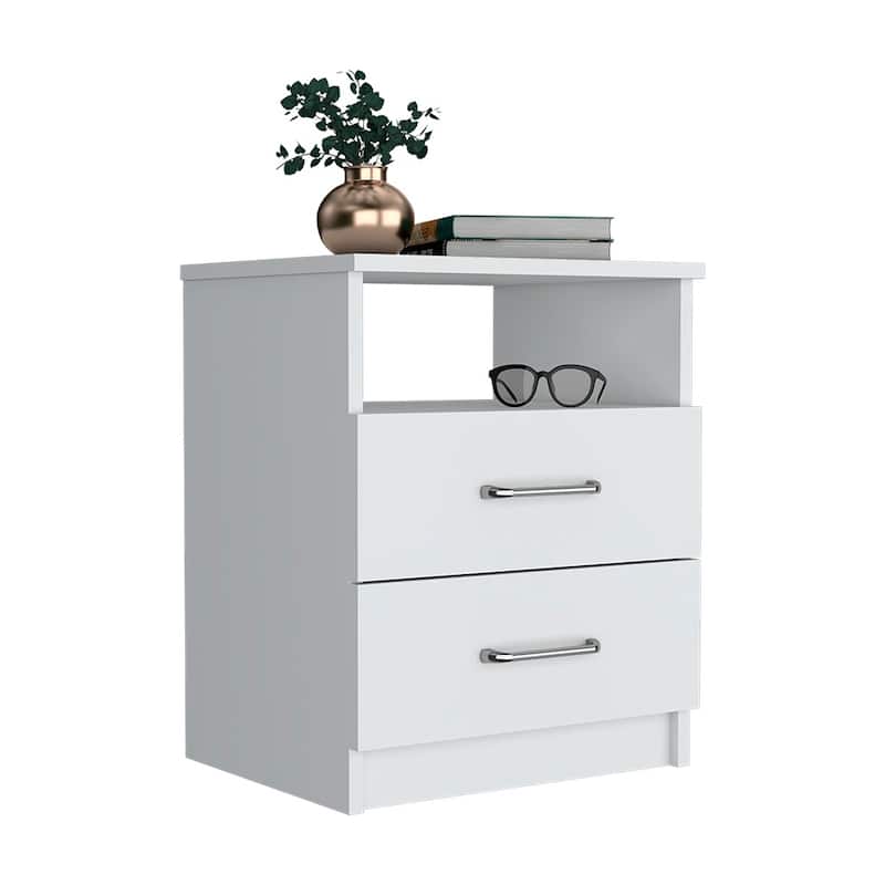 White Nightstand with Two Drawers and One Open Shelf