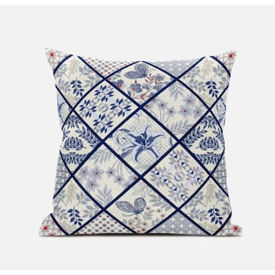 16" White Navy Patch Suede Zippered Throw Pillow