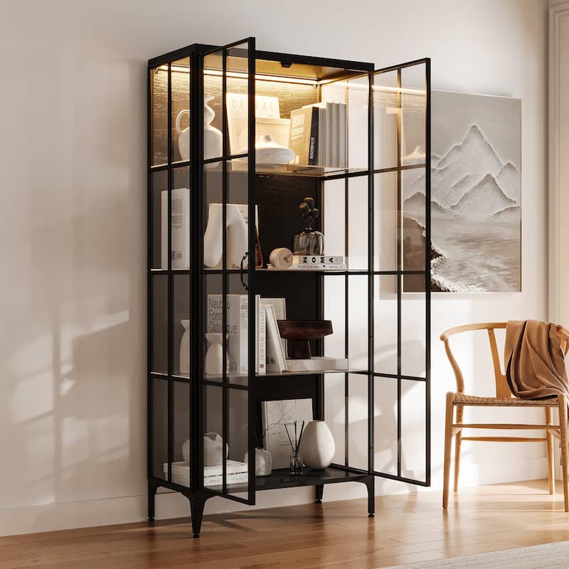 70.9"H Metal Glass Display Cabinet LED Light Bookshelves Curio Cabinet