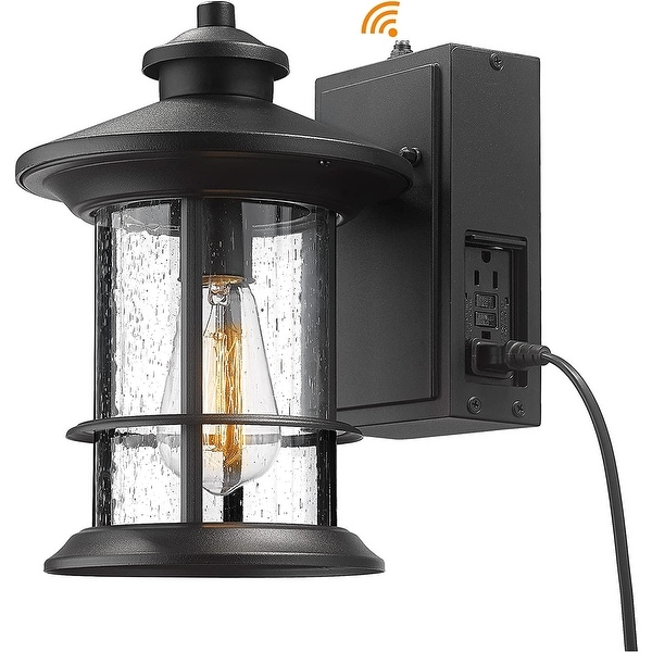 Porch Light with Built in GFCI Outlet Dusk to Dawn Outdoor Lighting Photocell Sensor Aluminum with Seeded Glass Black Finish On Sale Bed Bath Beyond 36980874