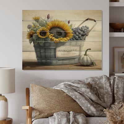 Designart 'Fruit And Flowers In Basket I' Floral Sunflower Wood Wall Art - Natural Pine Wood