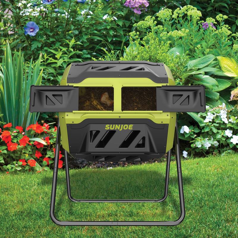New Sun Joe SJ-CMPS1 All-Season Outdoor Tumbling Composter | Dual Sliding Chamber | 42-Gallon | 2-10 Weeks | BPA-Free Material