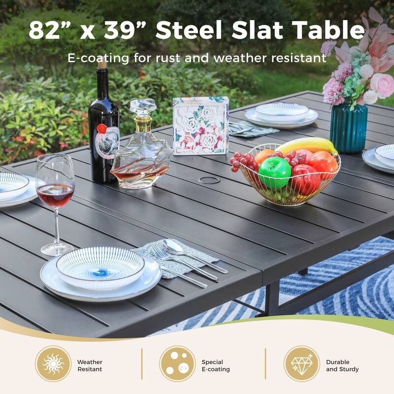 MAISON ARTS 9 Pieces Outdoor Patio Dining Set for 8, Metal Steel Table with Umbrella Hole & Stackable Chairs