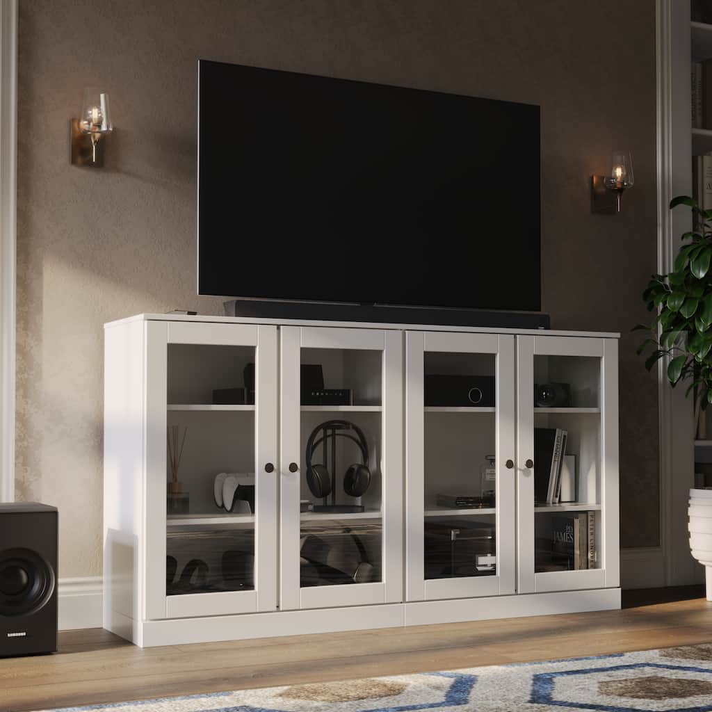 Palace Imports 100% Solid Wood TV Stand with Clear Glass Doors for TVs up to 64"