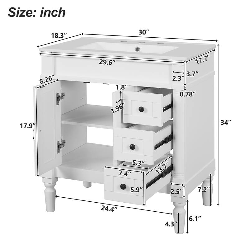 30" Elegant Bathroom Vanity Set with Ceramic Sink - Solid Wood & MDF, 2 Doors & 3 Drawers, Soft-Close, Adjustable Shelf