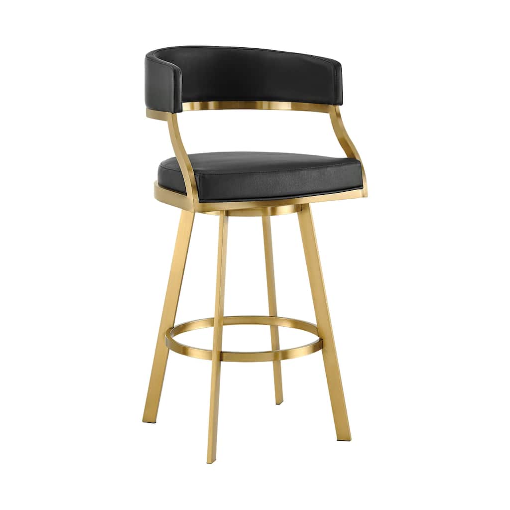 Beth Swivel Barstool Chair, Gold Stainless Steel, Black Faux Leather