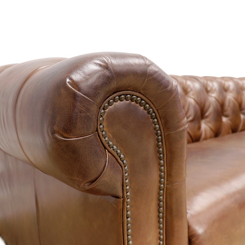 Pasargad Home Paris Club Chesterfield Genuine Leather Sofa, Brown - W88"xD35"xH29"