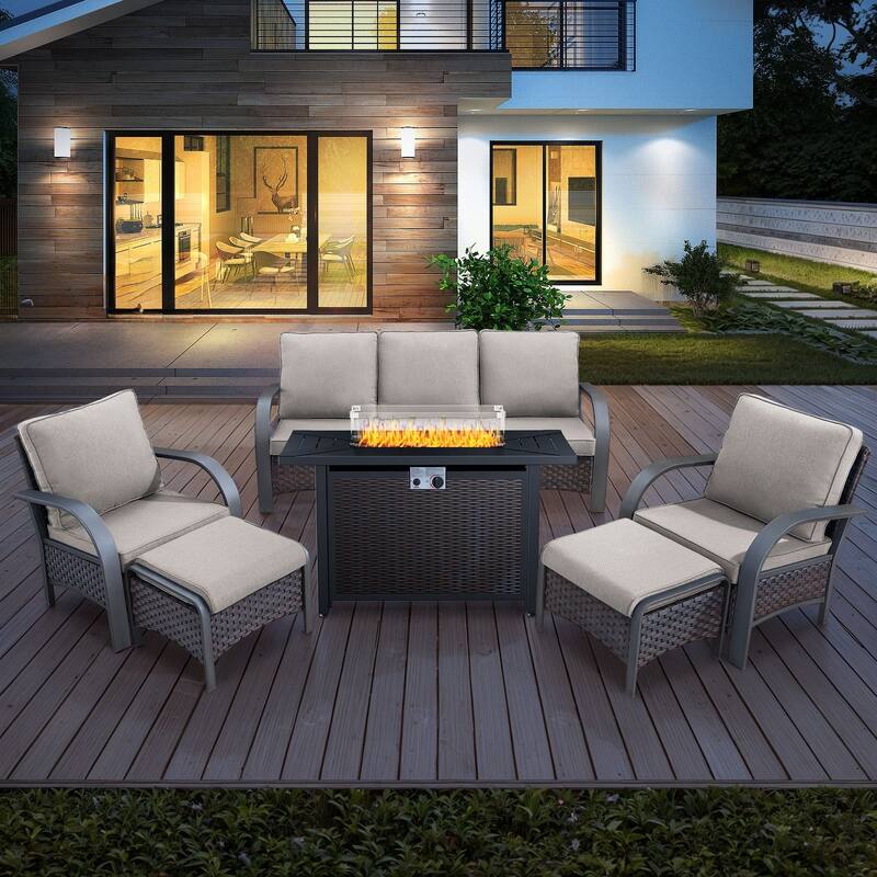 Outdoor Sofa Chair with Fire Pit Table Set - Brown Rattan - Beige Cushion - 6PCS Sofa Club Chair Ottoman with Fire Table