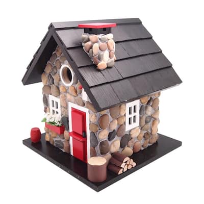 Home Bazaar 11" x 9.5" x 9.5" Windy Ridge Birdhouse - Stone/Red/Black - 9.5"x11"x9.5"