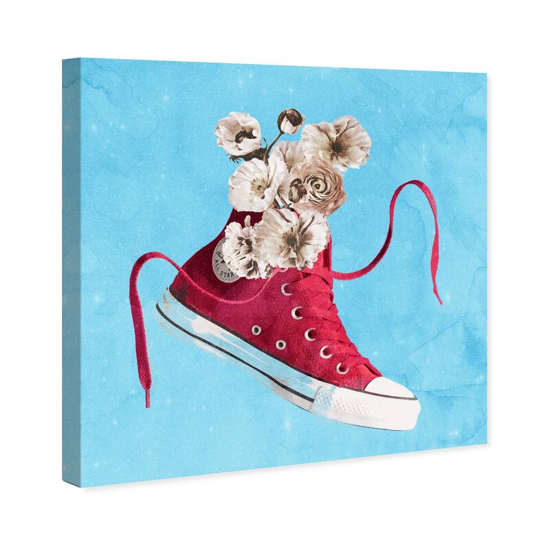 Wynwood Studio Fashion and Glam Sneaker Flower Vase Red and Crimson Modern & Contemporary Wall Art Canvas Print
