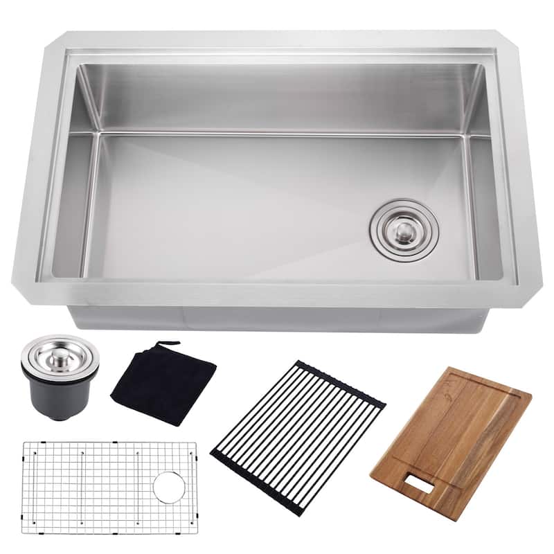 WOWOW Drop-In Single-Bowl Kitchen Sink in Modern - 32 X 19 inch - Brushed Nickel