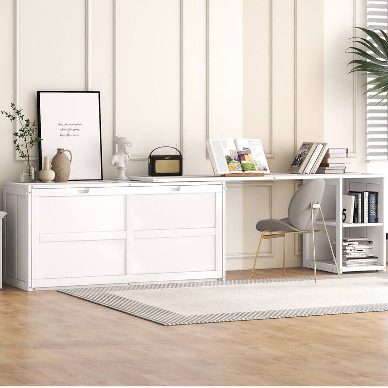 White Queen Murphy Bed in Pine Wood & MDF with Rotating Desk and Storage Shelves