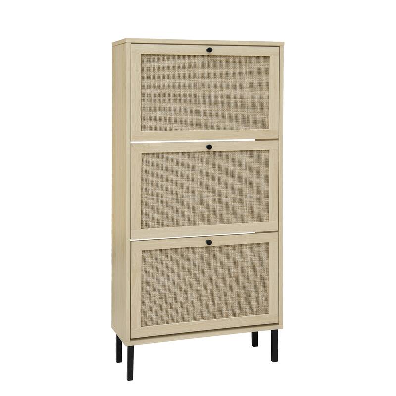 Shoe Storage Cabinet with 3 Flip Drawers, Freestanding 3-Tier Shoe Rack, Slim Shoe Organizer with Half Round Woven Rattan Doors