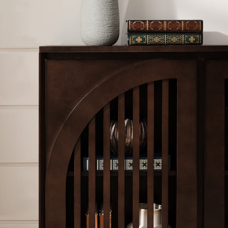 Modern Fluted Wooden Sideboard Cabinet, Multi-functional Narrow Side Cabinet, Storage Cabinet with 2 Doors & Outlet Holes