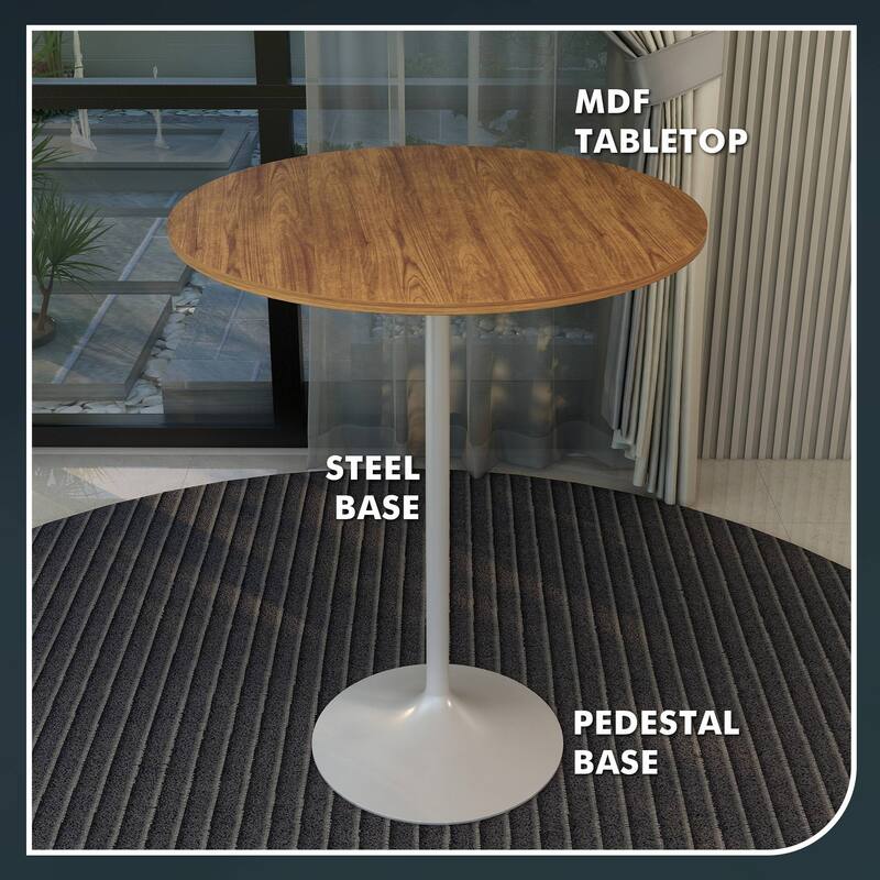LeisureMod Verve 36" Round Dining Table with MDF Wood TableTop and White Steel Base for Kitchen & Dining Room