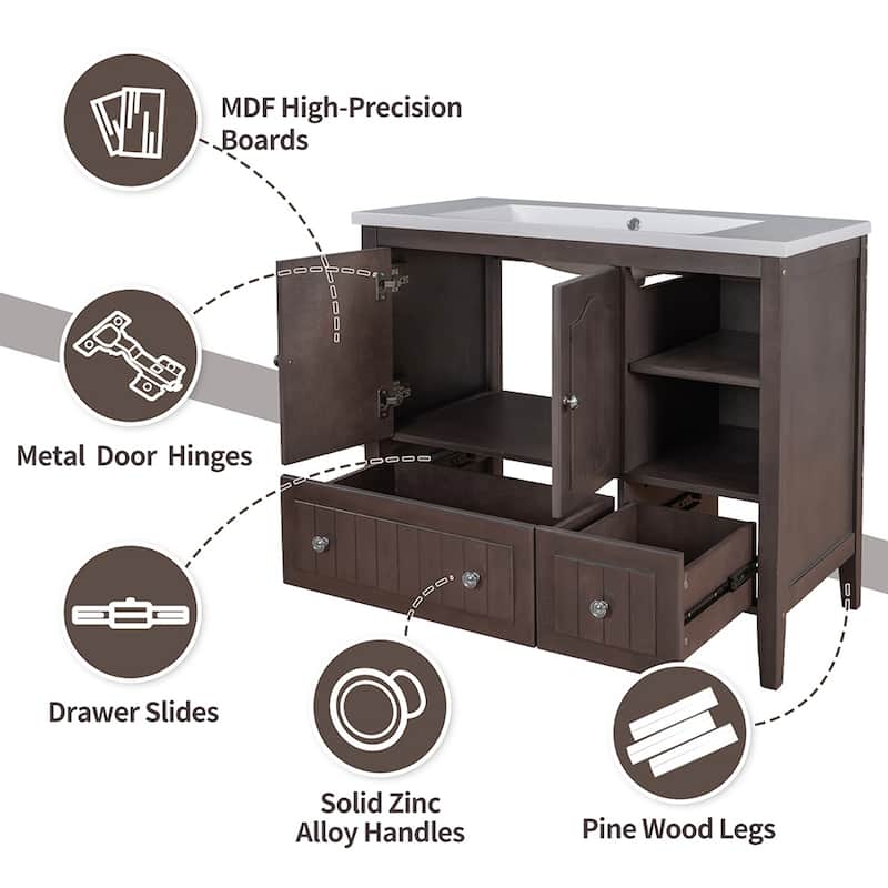 36" Bathroom Vanity with Ceramic Basin - Storage Cabinet with Drawers