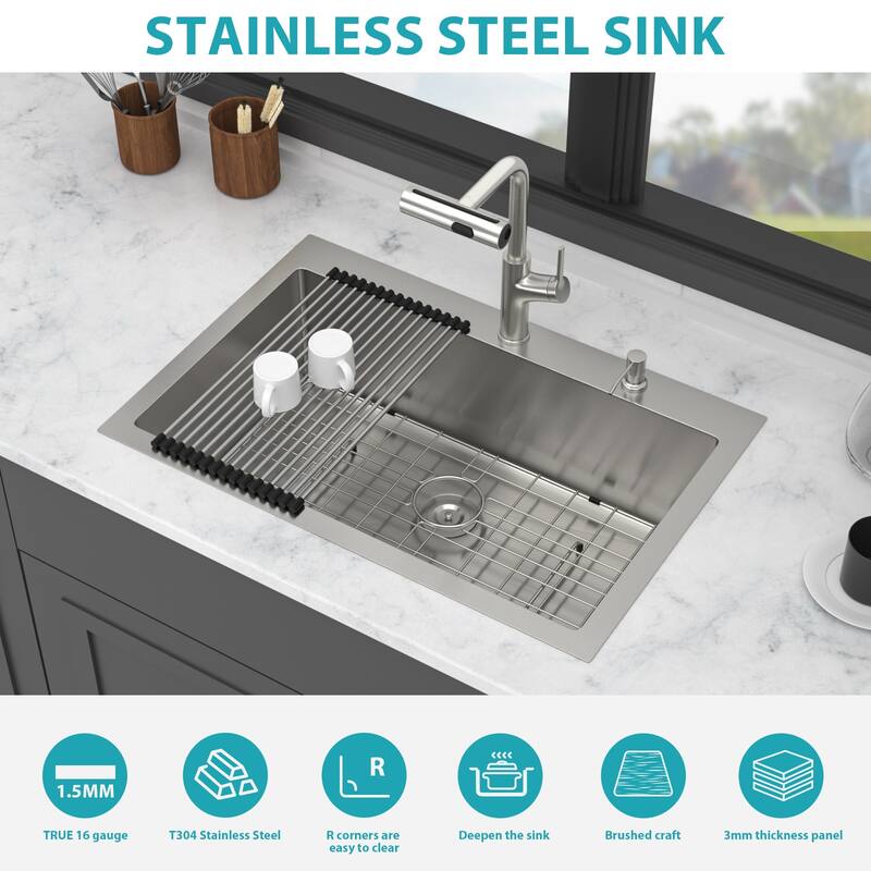 33" Drop-in Kitchen Sink with Pull-out Faucet and Soap Dispenser 33x22x10 inch Single Bowl 16 Gauge Stainless Steel