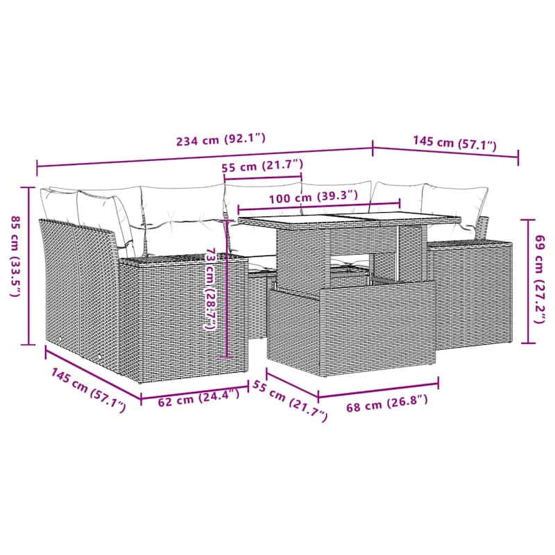 vidaXL Patio Sofa Set with Cushions Outdoor Furniture 7 Piece Poly Rattan - 24.4 x 24.4 x 27.2