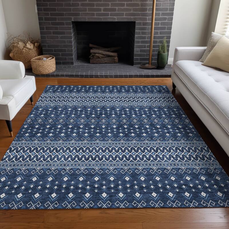 Machine Washable Indoor/ Outdoor Chantille Boho Morrocan Rug - Navy - 10' x 14'