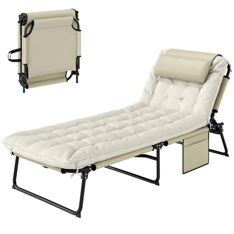 Folding Chaise Lounge Chair,4-Pos Recliner,Cushion,Pocket,Headrest