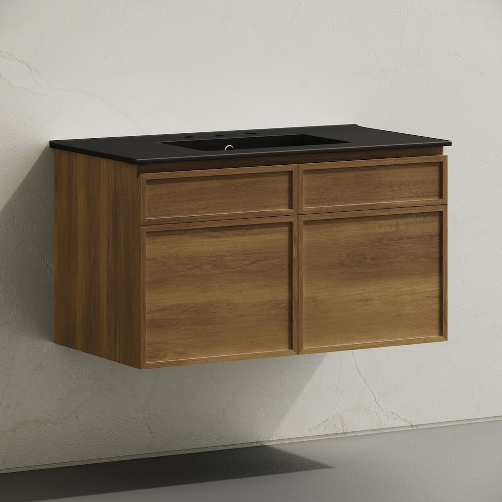 St. Tropez 36" Wall-Mounted Bathroom Vanity In Brown Oak With Black 3-Hole Widespread Sink Top - 36