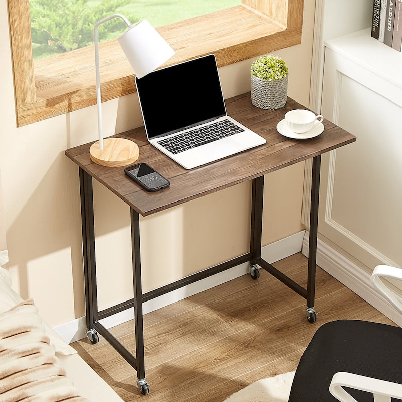 Javlerg Mobile Folding Computer Desk, 31.5" No Assembly Rolling Writing Desk, Space Saving Foldable Laptop Table for Home Office - Brown