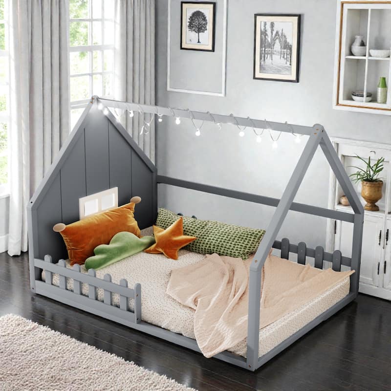 Full Size Wood House Bed with Window, Fence and LED Lights, Rustic Kids Floor Bed Frame - Grey - Full