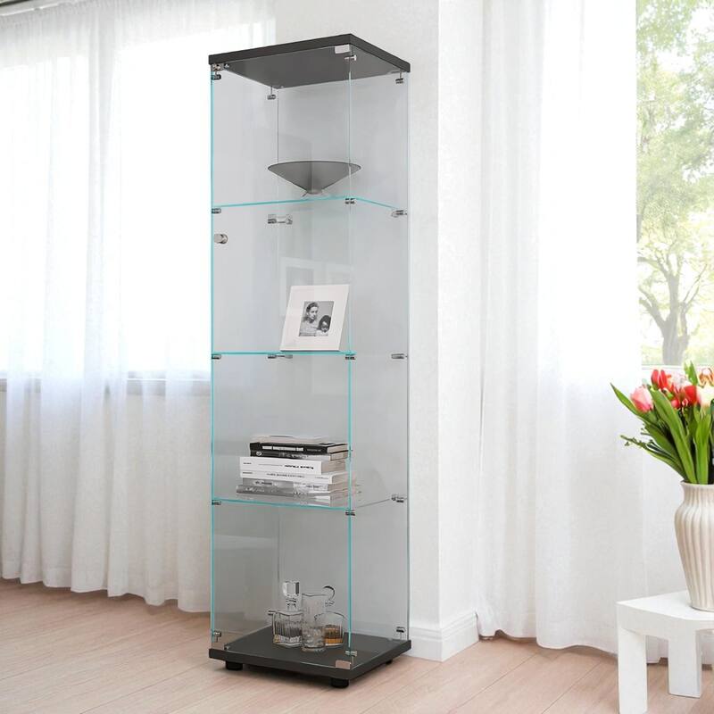 64" Lighted Glass Display Cabinet with One Door, 4 Shelves Tempered Glass Showcase Storage