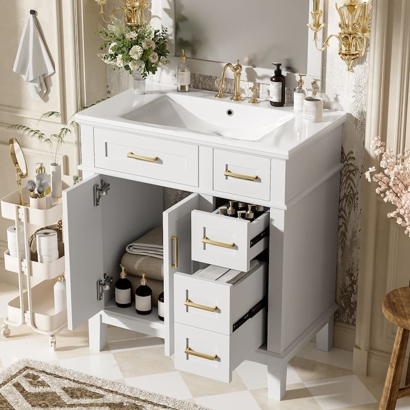 30" Bathroom Vanity with Ceramic Sink, Modern Storage Cabinet with Soft-Close Doors, Deep Drawer & Standard Drawe