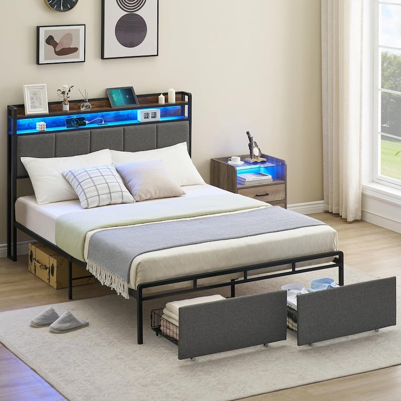 Bed Frame with 2-Tier Storage Headboard