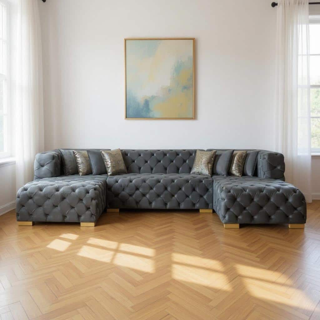 HomeRoots Tufted Gray Velvet Modular U Shaped Sofa and Chaise Sectional With Toss Pillows