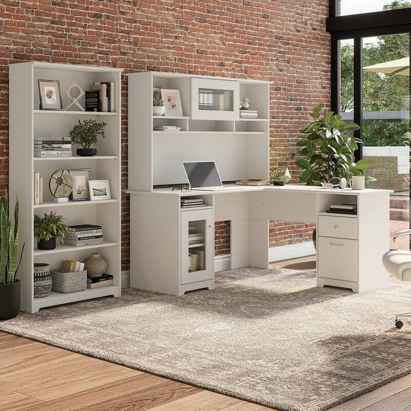Cabot 60W L-Desk with Hutch and 5 Shelf Bookcase by Bush Furniture - White