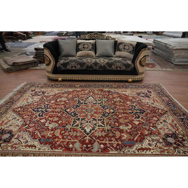 Hand Knotted Oriental 100% Wool Carpet Traditional Medallion Oranges & Rust Heriz (serapi) Area Rug - 10' 6'' X 8' 3''