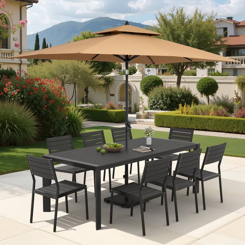 9/11-Piece Outdoor Dining Set Aluminum Table and Stackable Chairs w/10 ft Umbrella and Base