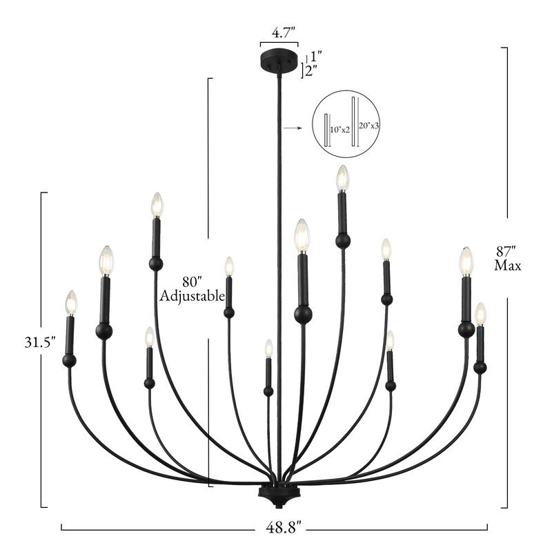 Oriea Mid-Century Modern 2-Tier 12-Light Black Wheel Candle Light for Large Living Dining Room Foyer