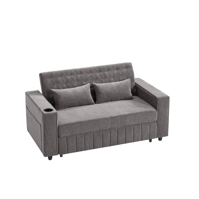 Chenille Pull-out Sofa Bed Convertible Couch, Loveseat Sofa with Adjustable Backrest, Storage Rack, Cup Holders, USB Ports