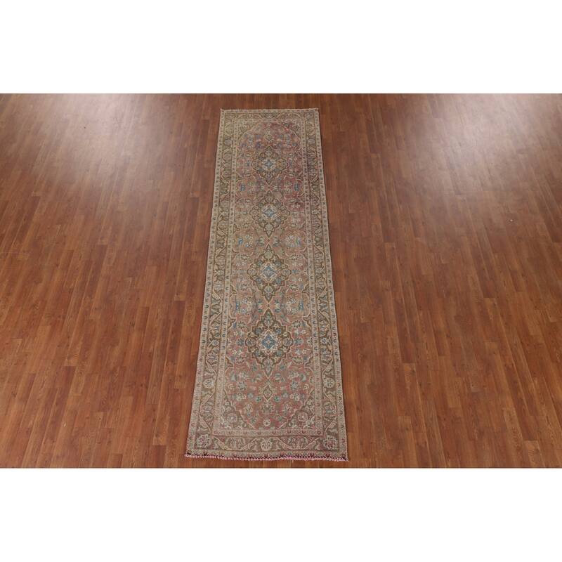 Kashan Persian Vintage Runner Rug Handmade Wool Carpet - 3'1"x 10'7"
