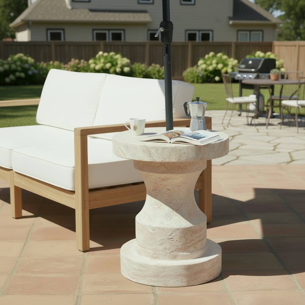 Christopher Knight Home - Modern Outdoor MGO Umbrella Side Table with Natural Travertine Effect