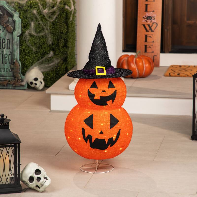 34" Pop-up Jack-O-Lanterns with Witch's Hat Outdoor Halloween Decoration