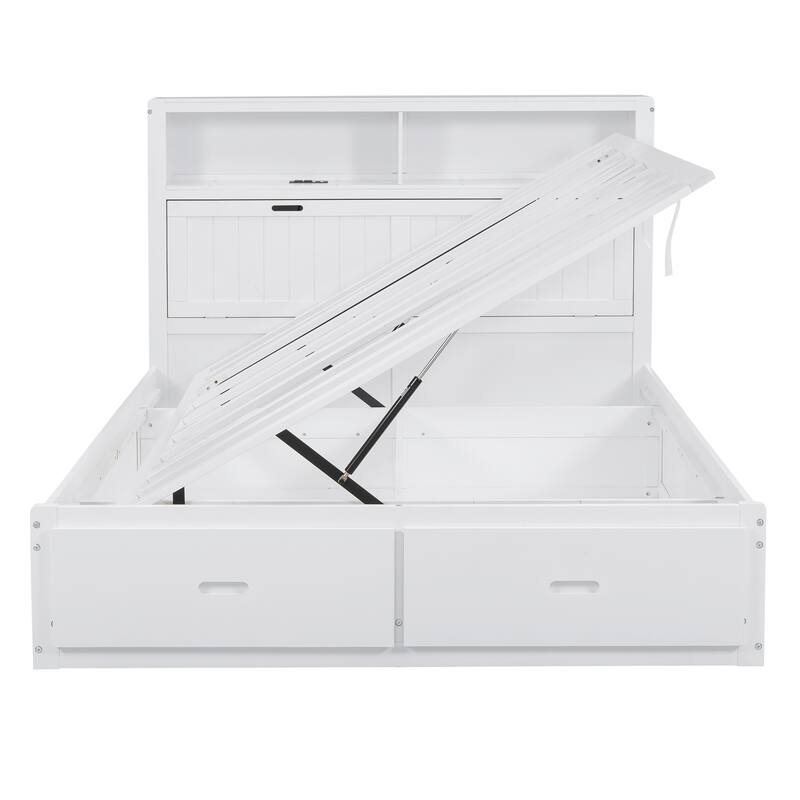 Queen Size Wooden Bed with LED Storage Headboard, Charging Station, and 2 Drawers