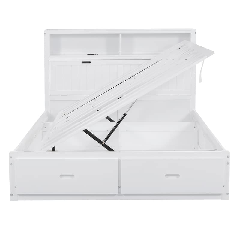 Wood Queen Size Hydraulic Platform Bed with Storage LED Headboard & Charging Station and 2 Drawers