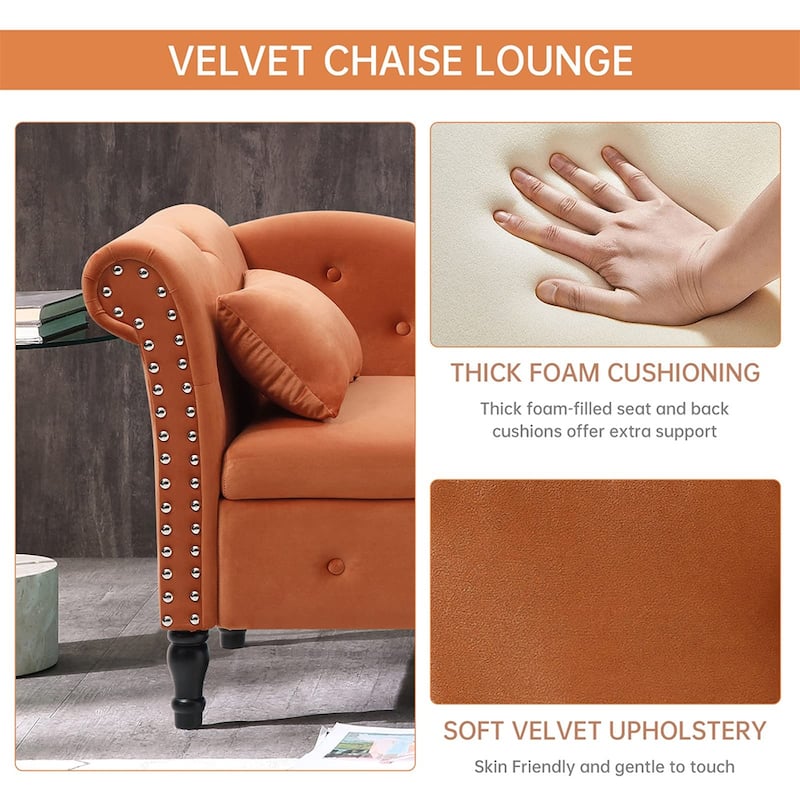 60"W Velvet Tufted Chaise Lounge, Storage Chaise Sofa, Solid Wood Leg - 25"D x 60"W x 27"H