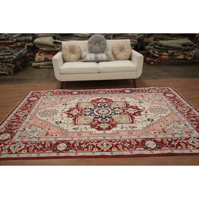 Hand Knotted Oriental 100% Wool Carpet Traditional Medallion Beige & Ivories Heriz (serapi) Area Rug - 9' 0'' X 6' 2''