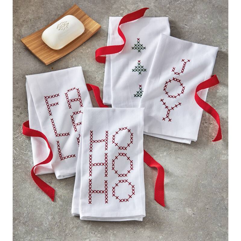 Joy & Tree Themed Embroidered Cross Stitch Design Set of 2 Cotton Guest Towels 22L x 16.0W