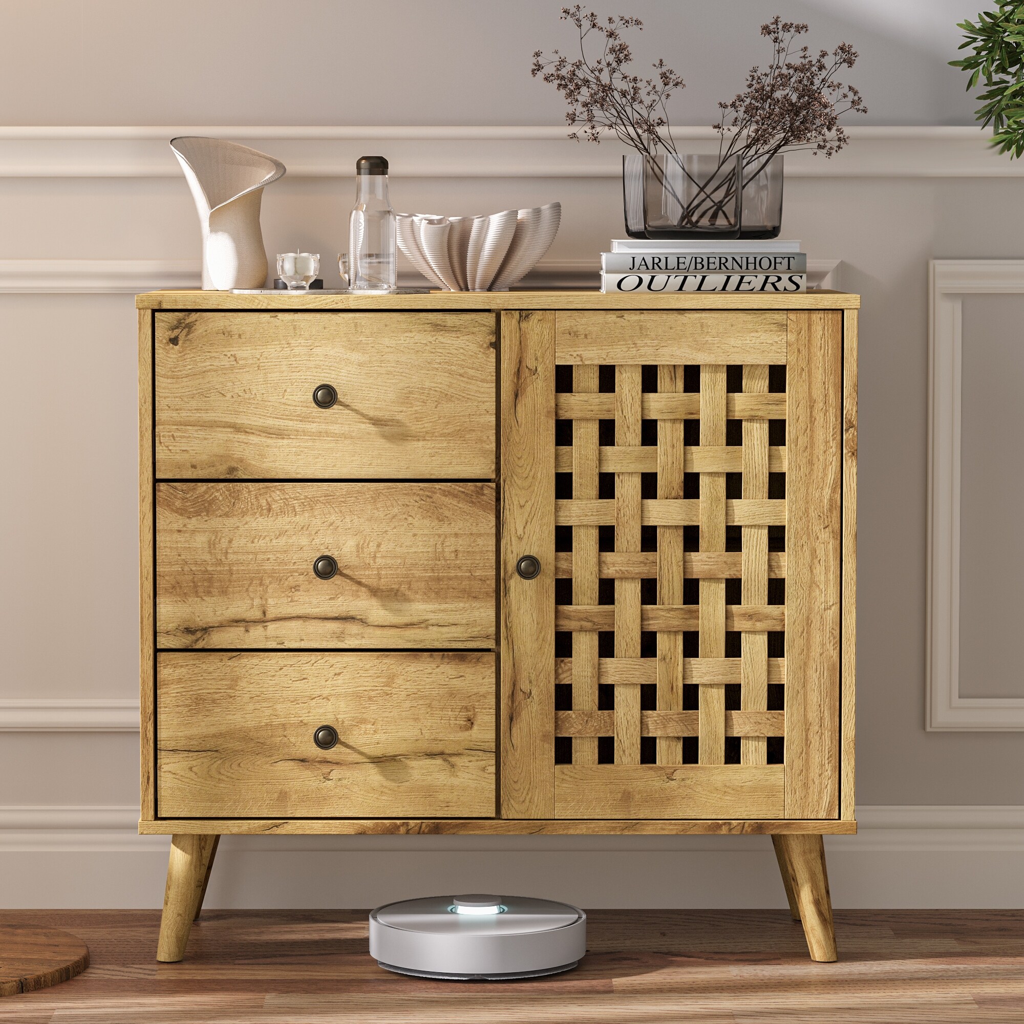 Vintage Wooden Storage Cabinet with Basket Weave Wooden Door & 3