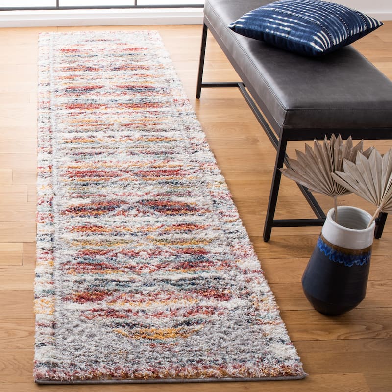 SAFAVIEH Calista Shag Jatta Abstract 1-inch Thick Rug - 2'3" x 9' Runner - Ivory/Rust