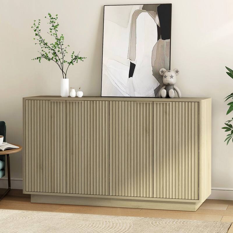 Wood 55.1" Fluted Buffet Cabinet, Credenza with Adjustable Shelves for Stylish Storage and Organization